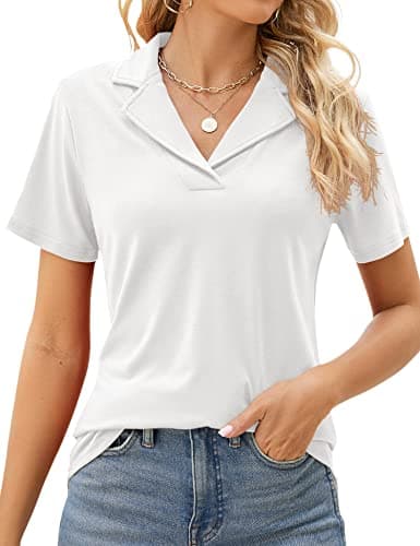 Image of Rapbin Ladies Polo Shirt Slim Fitted Gym Tops Classic Short Sleeve Cotton T Shirts White Polo Shirt for Womens (White, 16-18)