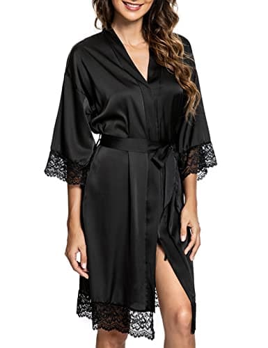 Image of heekpek Womens Dressing Gown Satin Kimono Robe Lace Trim Bathrobe Nightgown Sexy Nightdress Nightwear Bridesmaid Robes, black, Size M