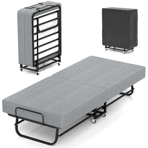 Image of RVONOW Folding Bed with Mattress, Portable Fold Up 79x190cm Bed for Adults, Space Saving Foldable Single Guest Beds on Wheels, 6cm Thick Memory Foam Mattress and Metal Frame