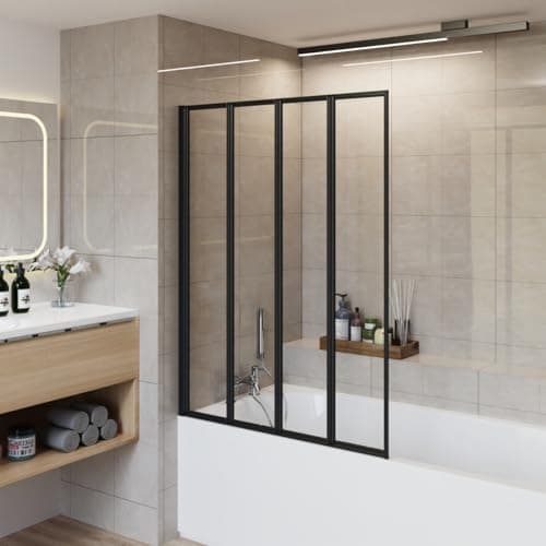 Image of Aquariss 850x1400mm Bathroom 4 Folding Panel Bath Shower Screen 4mm Self Clear Glass Pivot Door Reversible Black