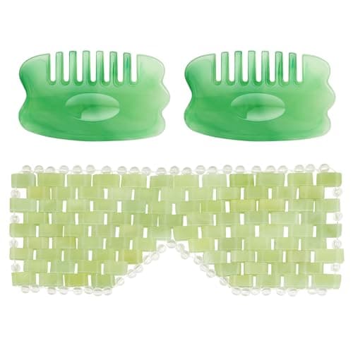 Image of Jade Eye Mask and Resin Combs Set - Facial Massage & Scalp Massager Tool for Relaxation & Puffiness Reduction
