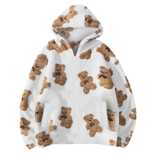 Image of Womens Fleece Coat - Bear Fluffy Fuzzy Hoodies, Teddy Long Sleeve Sherpa Sweatshirt, Comfy Cosy Jackets, Ladies Soft Winter Warm Pullover Tops, Pockets, Oversized Outwear, Walking Travel Uk White L