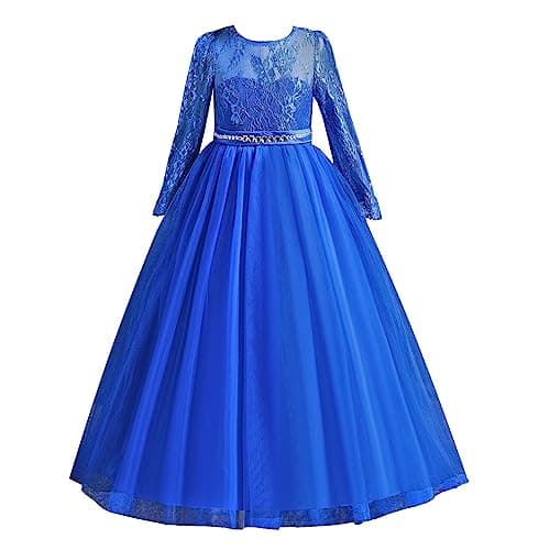 Image of M MUNCASO Lace Long Sleeve Princess Dress, Flower Girls Dress, First Communion Pageant Dresses Girl Dress for Christmas Party, Birthday Carnival (Jewel Blue, 12-13 Years)