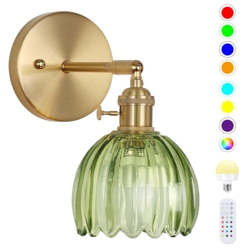 Image of Battery Operated Wall Lights,Rechargeable Wall Lights with Dimmable Detachable Charging Bulbs and Remote,Wireless Wall Light with Deep Green Tulip Glass Lampshade for Living Room Bedroom Hallway