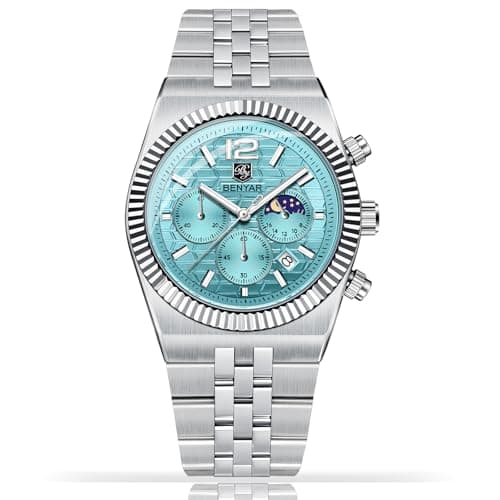 Image of BENYAR Men's Luxury Dress Watch with Sun and Moon Phase Display - Japanese Quartz Chronograph, 30M Water Resistant, Stainless Steel, 40mm (Silver Sky-Blue BY5225MGJ)