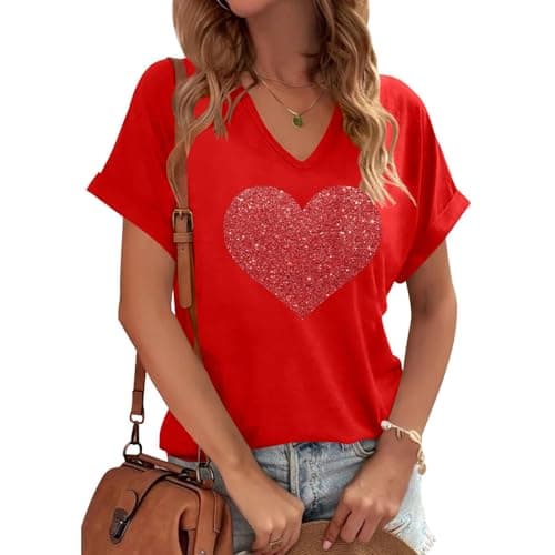 Image of Women's T-shirt with V-neck and heart print for women for Valentine's Day, red, M
