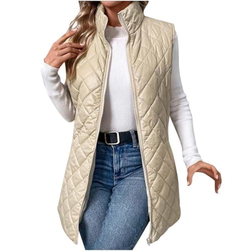 Image of OVARA Women's Quilted Gilet Longline Stand Collar Lightweight Zip Padded Vest Thermal Comfy Casual Plain Puffer Gilets Ladies Body Warmers Long Sleeveless Jacket
