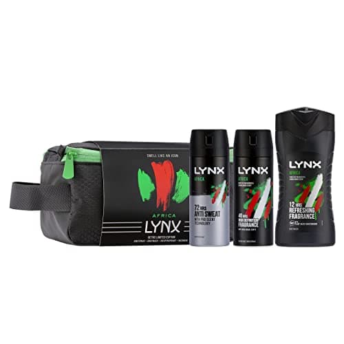 Image of Lynx Africa Retro Limited Edition Trio Anti-Perspirant Deodorant for Men 48 hr Fragrance & Body Spray with Shower Gel with Wash bag Gift Set For Men 3 piece