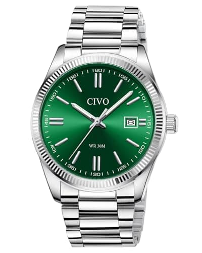 Image of CIVO Mens Watches Stainless Steel: Green Analogue Date Wrist Watch for Men - Waterproof Quartz Watches Fashion Gifts