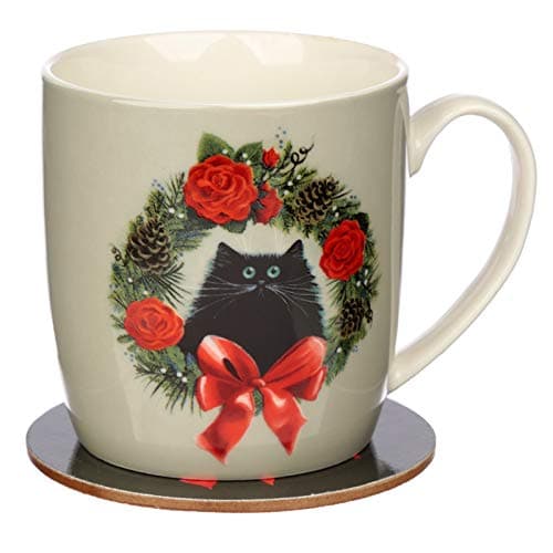 Image of EliteKoopers 2Pcs Christmas Porcelain Mug & Coaster Set Kim Haskins Christmas Wreath Cat For Home, Office, Work etc.