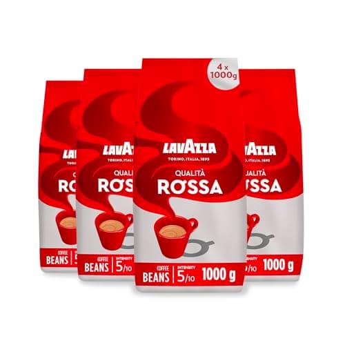 Image of Lavazza, Qualità Rossa, Coffee Beans, 4 Packets of 1 kg, with Aromatic Notes of Chocolate and Dried Fruit, Arabica and Robusta, Intensity 5/10, Medium Roast