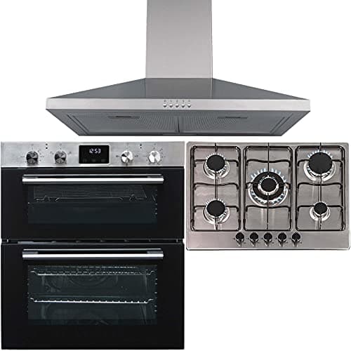 Image of SIA 60cm DO111SS Stainless Steel Double Electric Oven, 70cm SSG02SS 5 Burner Gas Hob With Enamel Pan Stands & 70cm CHL70SS Chimney Cooker Hood