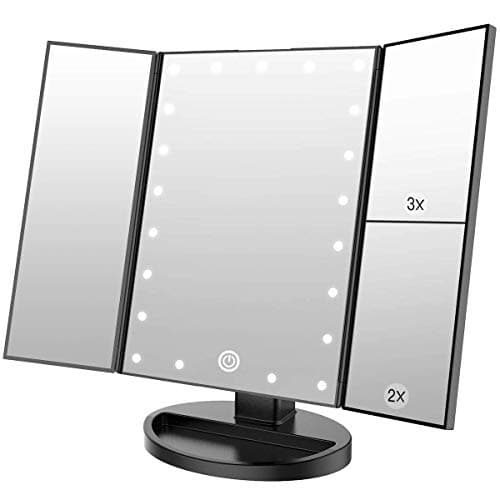 Image of WEILY Lighted Makeup Mirror, 1x/2X/3X Magnification, Three-Fold Mirror with 21 LED Lights, Touch Screen Switch, Table Mirror with Battery and USB Available (Black)