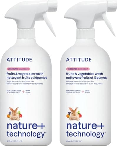 Image of ATTITUDE Fruit and Vegetable Wash, Removes Wax, Dirt and Impurities, Plant- and Mineral-Based Formula, Vegan, Unscented, 800 mL (Pack of 2)