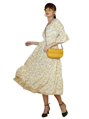 Image of Sheetal Associates Women's Casual Flared Sleeve Crepe Floral Fit and Flare Dress, Yellow, XXL