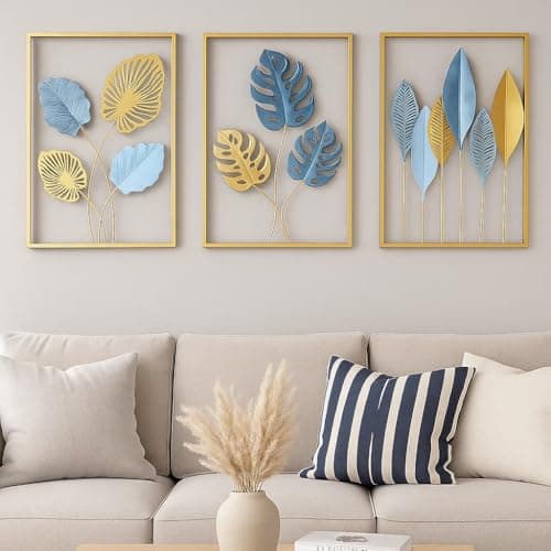 Image of Gold Leaf Metal Wall Art Set of 3, Bohemian 3D Hallway Wall Hanging Home Decor for Farmhouse Living Room, Office, Bedroom, Indoor, Outdoor, Large Modern Minimalist Gold Metal Wall Sculptures(16x11")