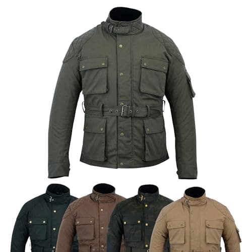 Image of warrior gears Men's Waxed Cotton Motorcycle Jackets, Motorbike Top Gear, Waterproof Nylon Lined Jacket, Armoured Biker Textile Winter Outdoor Coat for Men, Running, Riding, Military Green - 3XL