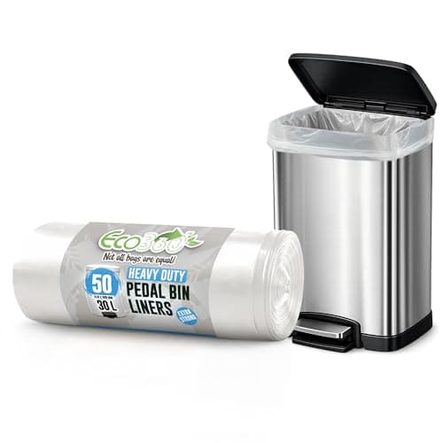 Image of EcoBag - 50 Pack Heavy Duty White Bin Liners - 30L - 15 Microns - Extra Strong, Leak-Proof, Tear-Resistant Bags for Swing Bins, Kitchen, Home & Office