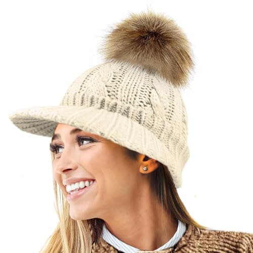 Image of RockJock Ladies Warm Fleece Lined Knitted Peaked Beanie Baseball Cap with Detachable Faux Fur Pompom- wear with or Without-1 Natural