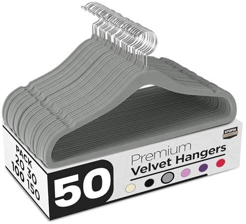Image of Utopia Home Velvet Coat Hangers Adult - Heavy Duty Non-Slip Premium Velvet Hangers for Clothes - 360 Degree Swivel Hook, Grey, Pack of 50