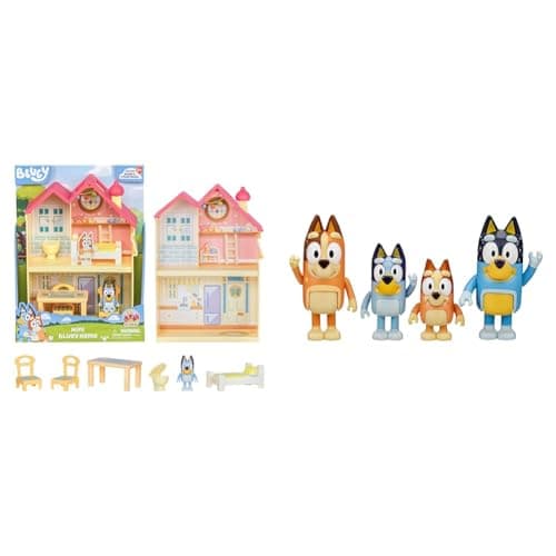 Image of Bluey Mini Home Playset Compact House Playset With Carry Handle Three Different Rooms Kitchen & and Family: Bingo, Bandit and Chilli 4 Figure pack Articulated Character Action Figures