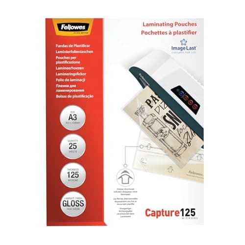 Image of Fellowes A3 Laminating Pouches, Gloss Finish, 25 Sheets, 250 Micron (2 x 125) Clear & Durable Lamination Pouch with Image Last Directional Mark - Ideal for Photos & Notices