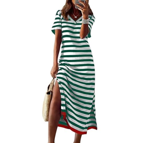 Image of TcIFE Women's Summer Dress V Neck Casual Stripe Dress Short Sleeve Long Side Split Beach Sundress Green