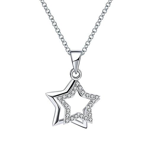 Image of Belons Womens Necklace 925 Sterling Silver AAA Cubic Zirconia Double Stars Pendant Necklace, 18 Inch Chain