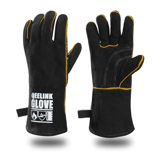 Image of QeeLink Welding Gloves - Heat & Wear Resistant Lined Leather and Fireproof Stitching - For Welders/Fireplace/BBQ/Gardening (Black, Standard (14-Inch))