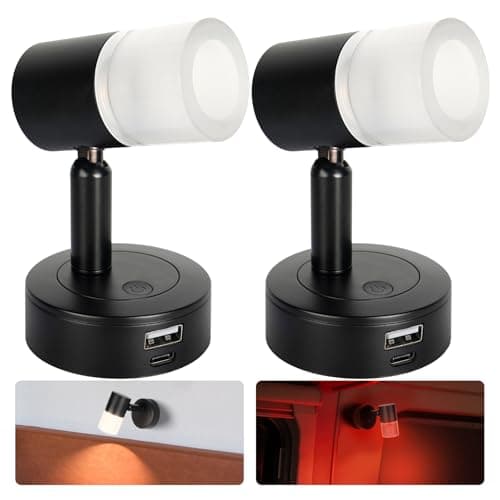 Image of acegoo 12V Reading Light Campervan 3200K/Red Night Light Built-in USB-A 18W & USB C 20W Charger, Dimmable Swivel LED Wall Lamp Frosted Acrylic Lampshade for Caravan Boat Motorhome, Black 2pcs