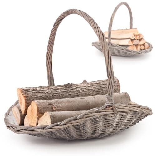 Image of Woodluv Set of 2 Oval Willow Log Basket with Handles, Rustic Grey Wicker Storage Baskets for Firewood, Kindling, Blankets, and Home Décor