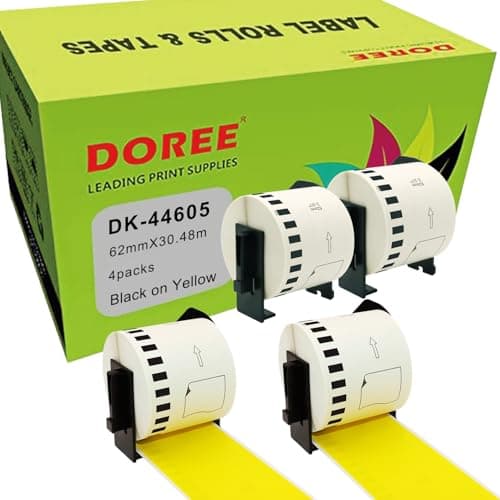 Image of DOREE 4 Rolls DK-44605 Removable Continuous Labels, Black on Yellow Background, 62mm × 30.48m, Compatible with Brother QL-500,QL-550,QL-570,QL-700,QL-800,QL-810W,QL-820NWB,QL-1100 QL-11 10NWB