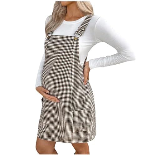 Image of Klijuiaup Maternity Dungaree Dress for Women Adjustable Strap Gingham Pinafore Mini Dress with Pockets Nursing Friendly & Casual Square Neck Summer Outfit Khaki