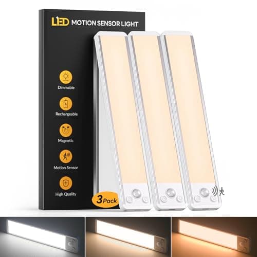 Image of Motion Sensor Under Cupboard Kitchen Lights 20CM - 3-Color Under Cabinet Lighting, Dimmable & Rechargeable Led Strip Light, Magnetic Wireless Indoor Light for Shelf|Stairs |Wardrobe|Closet, 3 Pack