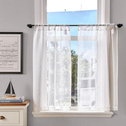 Image of TOPICK Voile Net Kitchen Curtains Flax Texture 36 Inch Drop Sheer Light Filtering Cafe Curtains Short Curtain Tiers for Bathroom Living Room Small Windows Cupboard Rod Pocket 2 Panels Crude