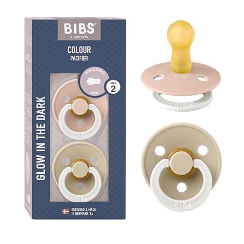 Image of BIBS Colour Glow Soother 2-Pack, Glow in The Dark BPA Free Dummy Pacifier, Round Nipple. Natural Rubber Latex, Size 2 (6-18 Months), Blush Night/Vanilla Night