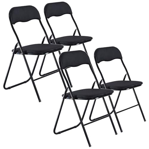 Image of URBNLIVING Set of 4 x Folding Dining Office Multi Purpose Industrial Padded Chairs Heavy Duty Premium Quality Metal Frame, PVC, Velvet, Ribcord, Cushioned Seats (Black Velvet)