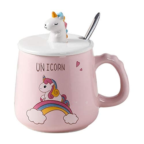 Image of XinHuiGY Cute Unicorn Ceramic Mug, Coffee Cup with Lovely 3D Unicorn Lid, Stainless Steel Spoon, Novelty Cartoon Morning Cup, Tea, Milk, Christmas Mug for Girls, Children, Office