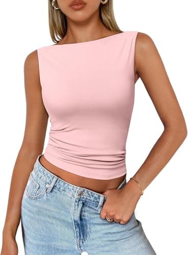 Image of Women Going Out Summer Y2K Tank Tops Casual Basic Cute Slim Fit Camisole Sleeveless Shirt Vacation Vest Top (Pink,S)
