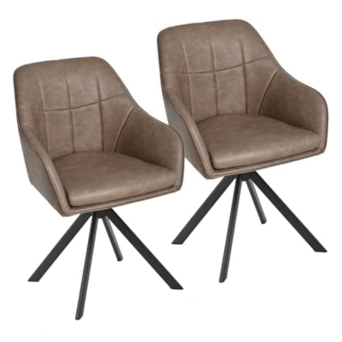 Image of Goeurvant 360° Swivel Dining Chairs Set of 2, Dark Brown PU leather Armchairs, Ergonomic Designed Chairs with Armrests and Metal Legs for Apartment, Dining Room, Kitchen, Study, Vanity, Office