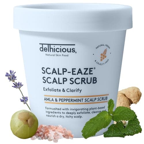 Image of Delhicious Scalp-Eaze Scalp Scrub - Gentle Scalp Exfoliator & Cleanser for Dry, Itchy Scalp & Flakiness - Amla & Peppermint - Natural Ayurvedic Hair Care - Vegan Scalp Moisturiser Treatment - 175g