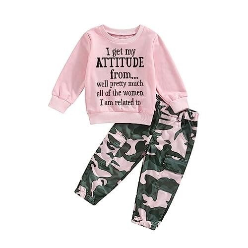 Image of WWAYBEI Toddler Girls Clothes 1-6 Years Spring Fall Outfits Baby Letter Long Sleeve Pullover Sweatshirt Camouflage Pants Set (A# Pink, 3-4 Years)