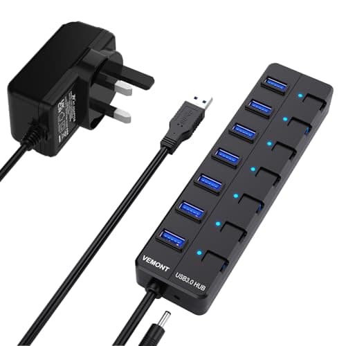 Image of Powered USB Hub,VEMONT 7 ports SuperSpeed USB 3.0 Hub with Power Supply,USB Splitter Powered with Individual on/off LED Switches and 3.9ft/1.2m Long Cable for PC/Laptops/Ultrabooks/Desktops