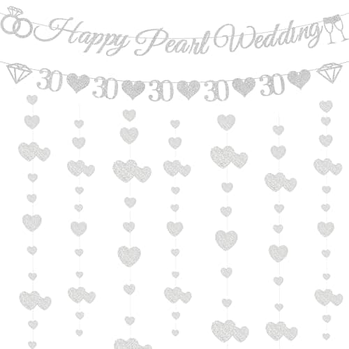 Image of Happy 30th Wedding Anniversary Decorations - Pearl Wedding Banner With Diamond and Number 30 Bunting, Glitter Hearts Garland 30th Pearl Anniversary Party Supplies