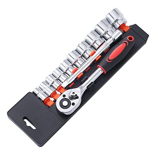 Image of KATSU 3/8 Inch Socket Set 12Pcs, 10-24mm Metric Drive with 24-Teeth Quick-Released Ratchet Wrench and 6" Extension Bar, High Grade Chrome Vanadium Steel, Auto Repairing Garage Tool 420341