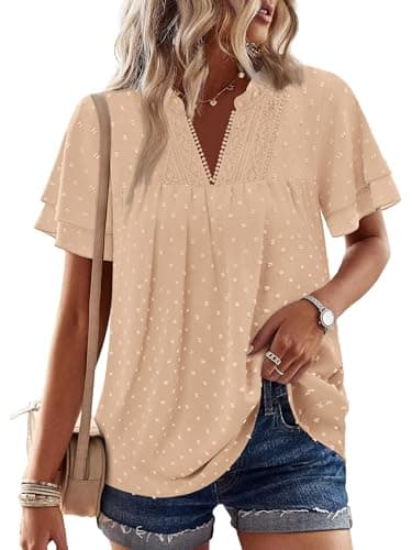 Image of KISSMODA Womens Tops Butterfly Sleeve V Neck Blouses Swiss Dot Ruffle Short Sleeve Shirts Basic Trendy Solid Color Clothes