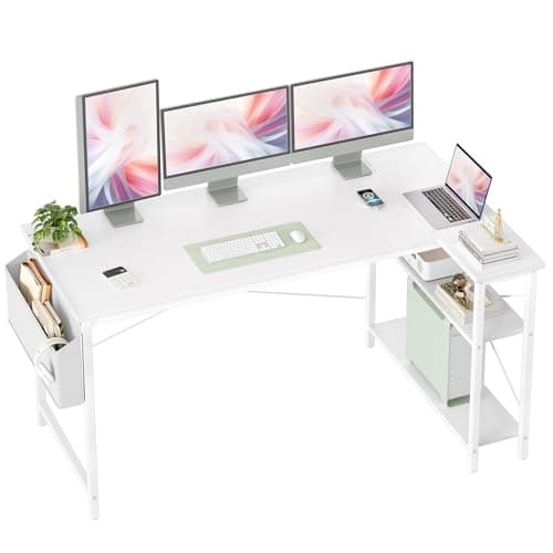 Image of BEXEVUE L Shaped Corner Desk - 140x70 cm Study Office Gaming Desk, Computer Desk Small Writing Table, Large Reversible Storage Shelves, Bookshelf Workstation for Study Play Work Home Office, White