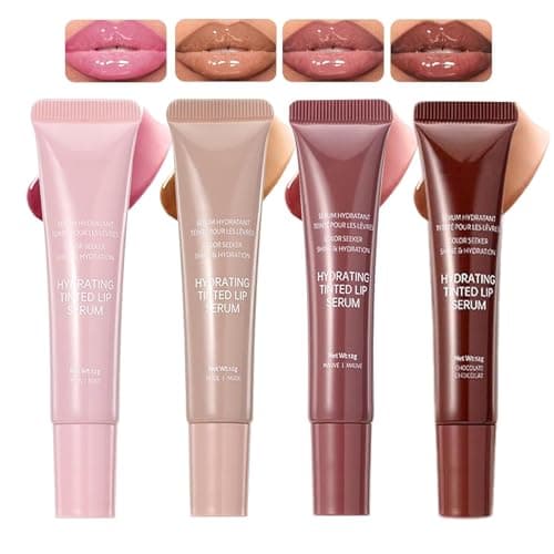 Image of 4Pcs Tinted Lip Balm Serum Set,Hydrating Plumping Pink Nude Red Glossy Lip Gloss,Long-lasting Nourishing High Shine Instant Moisture Liquid Lipstick for Women