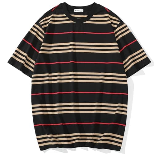 Image of KLIEGOU Men's Fashion Loose Fit Crewneck Stripe T-Shirt, 33 Black, Large