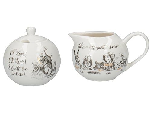 Image of V&A Alice in Wonderland Fine China Milk Jug and Sugar Bowl Set with Decorative Illustrations (2 Pieces) - White, 18 x 7.5 x 7 cm